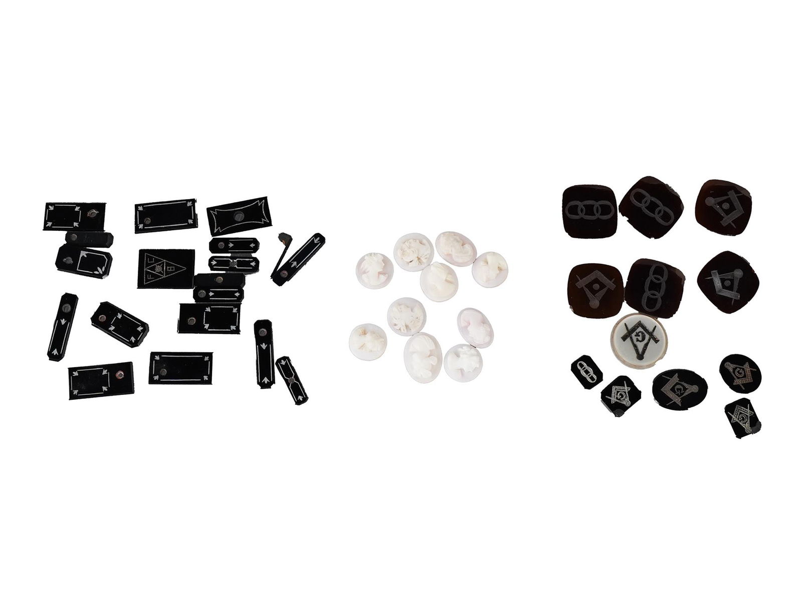 COLLECTION OF CAMEOS AND MASONIC INTAGLIOS: A collection of vintage hand carved cameos and intaglios. 10 cameos carved from semi-precious stones with female portraits rendered in high relief. 29 intaglio beads of various shape featuring Masonic