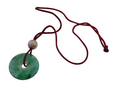 CHINESE CARVED GREEN JADE BI DISK AMULET NECKLACE