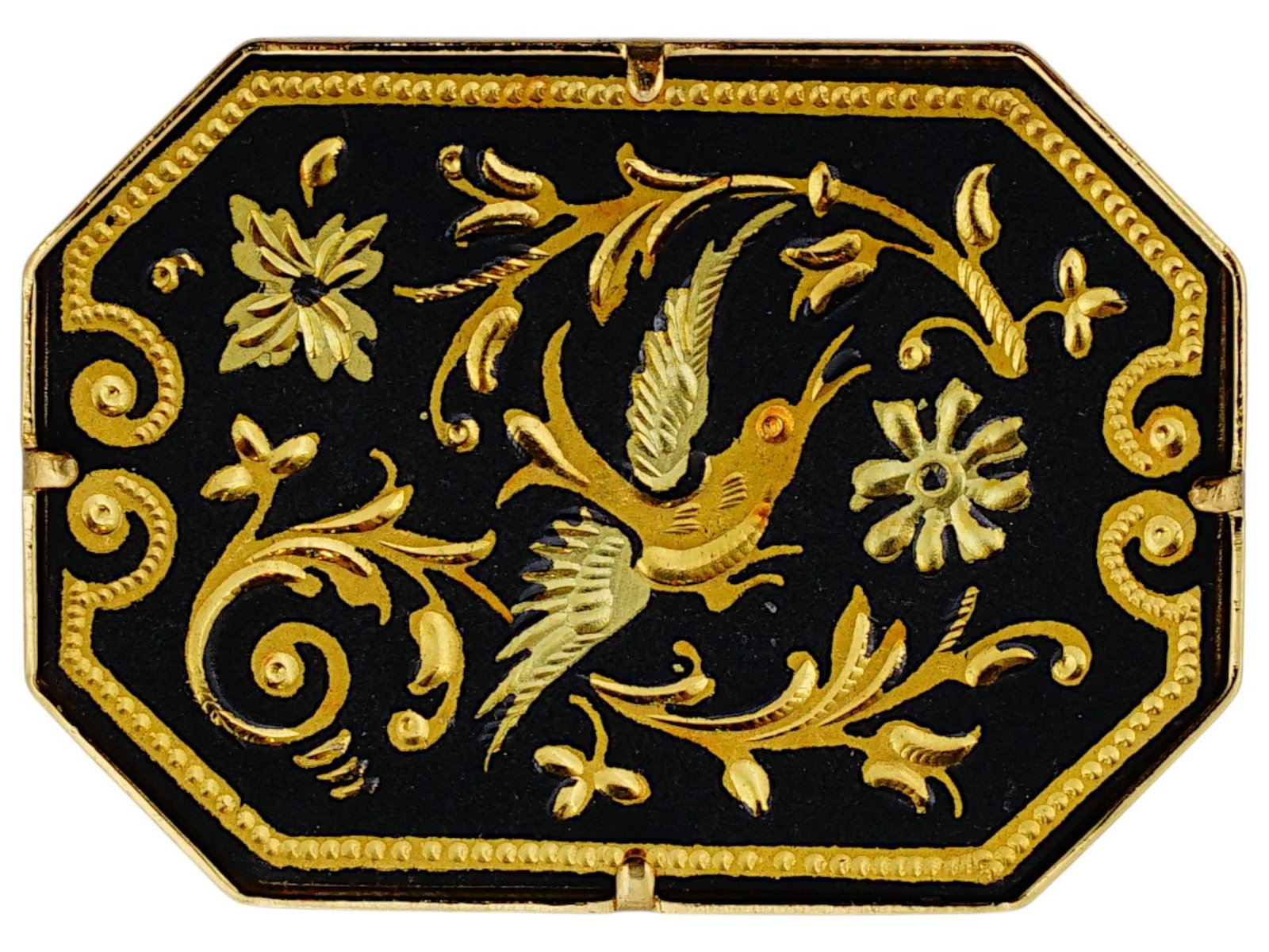 VINTAGE SPANISH 12K GOLD FILLED DAMASCENE BROOCH: A Spanish 12K gold filled damascene pin brooch. Bird and flower motifs. Unmarked. Vintage Jewelry, Lapel Accessories. THIS LOT IS ELIGIBLE FOR A 30-DAY UNCONDITIONAL RETURN FROM THE DATE OF TH