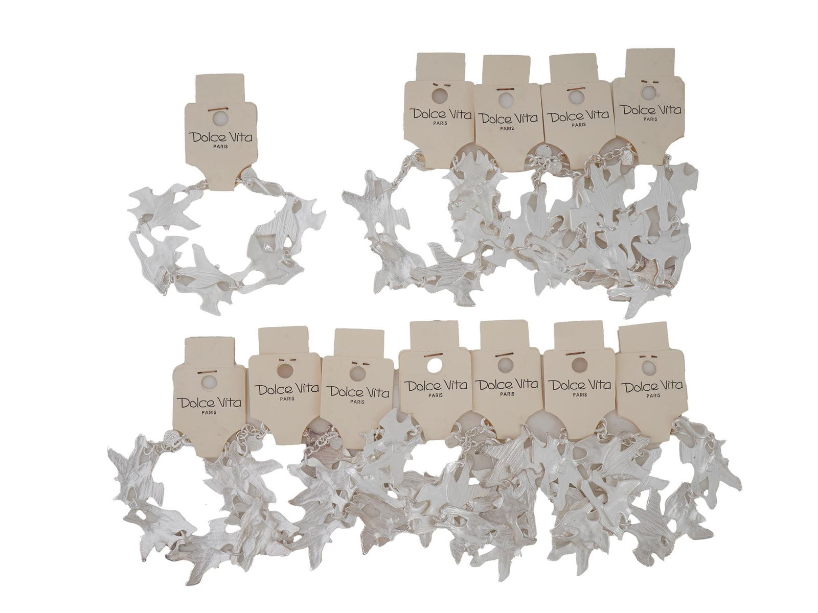 FRENCH DOLCE VITA PARIS COSTUME JEWELRY BRACELETS: A collection of twelve French Dolce Vita Paris costume jewelry bracelets. Each bracelet is made in a chain link design featuring figural bird links in the Georges Braque manner. Each is marked with an