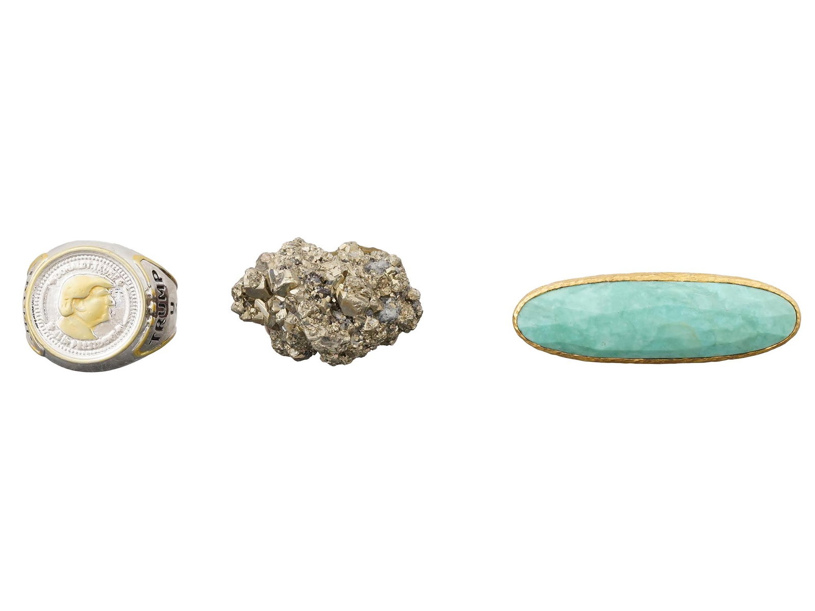 LOT OF STONE RINGS WITH AMERICAN DONALD TRUMP RING: A lot of three rings. The first ring features a silver plated band with gilt accents. The central design is a gilt profile of an American president Donald Trump set within the coin like design. The ba