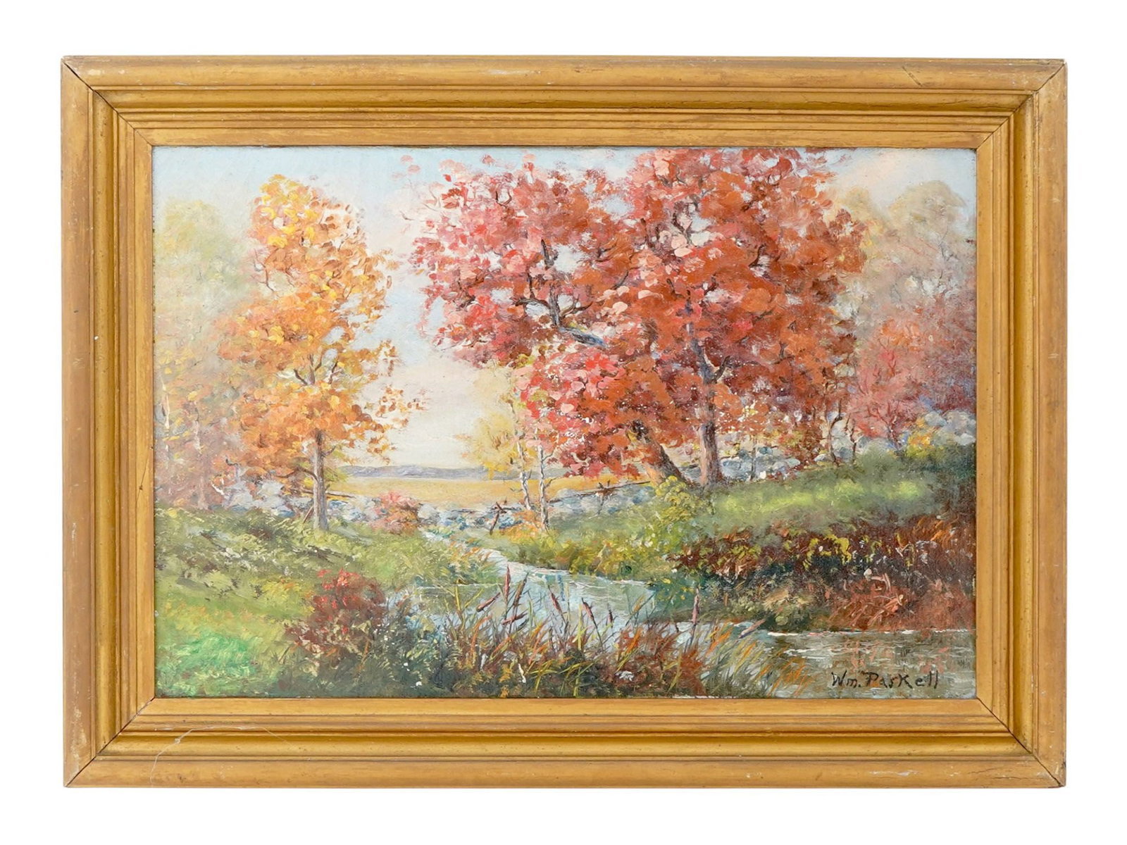 AMERICAN LANDSCAPE OIL PAINTING BY WILLIAM PASKELL: William Frederick Paskell, American, 1866 to 1951, an oil painting on canvas depicting a forest river landscape. Signed lower right. Framed. William Paskell is known for Landscape, marine painting. Mo