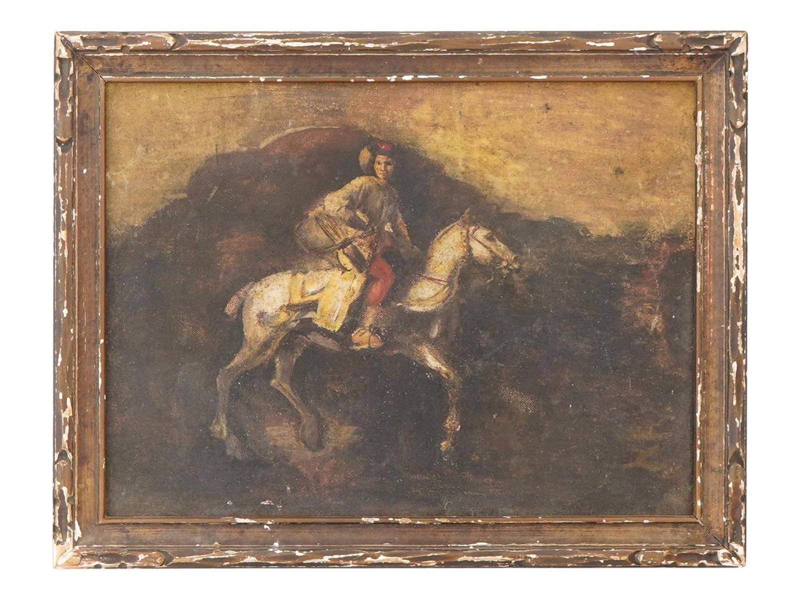 POLISH RIDER OIL PAINTING IN THE MANNER OF REMBRANDT: An oil painting on canvas on board in the manner of Rembrandt van Rijn, 1606 to 1669, was a prominent Dutch Golden Age artist. The painting features a figure on horseback set against a dark, atmospher