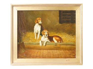 OIL PAINTING WITH TWO HOUNDS SIGNED WALTER