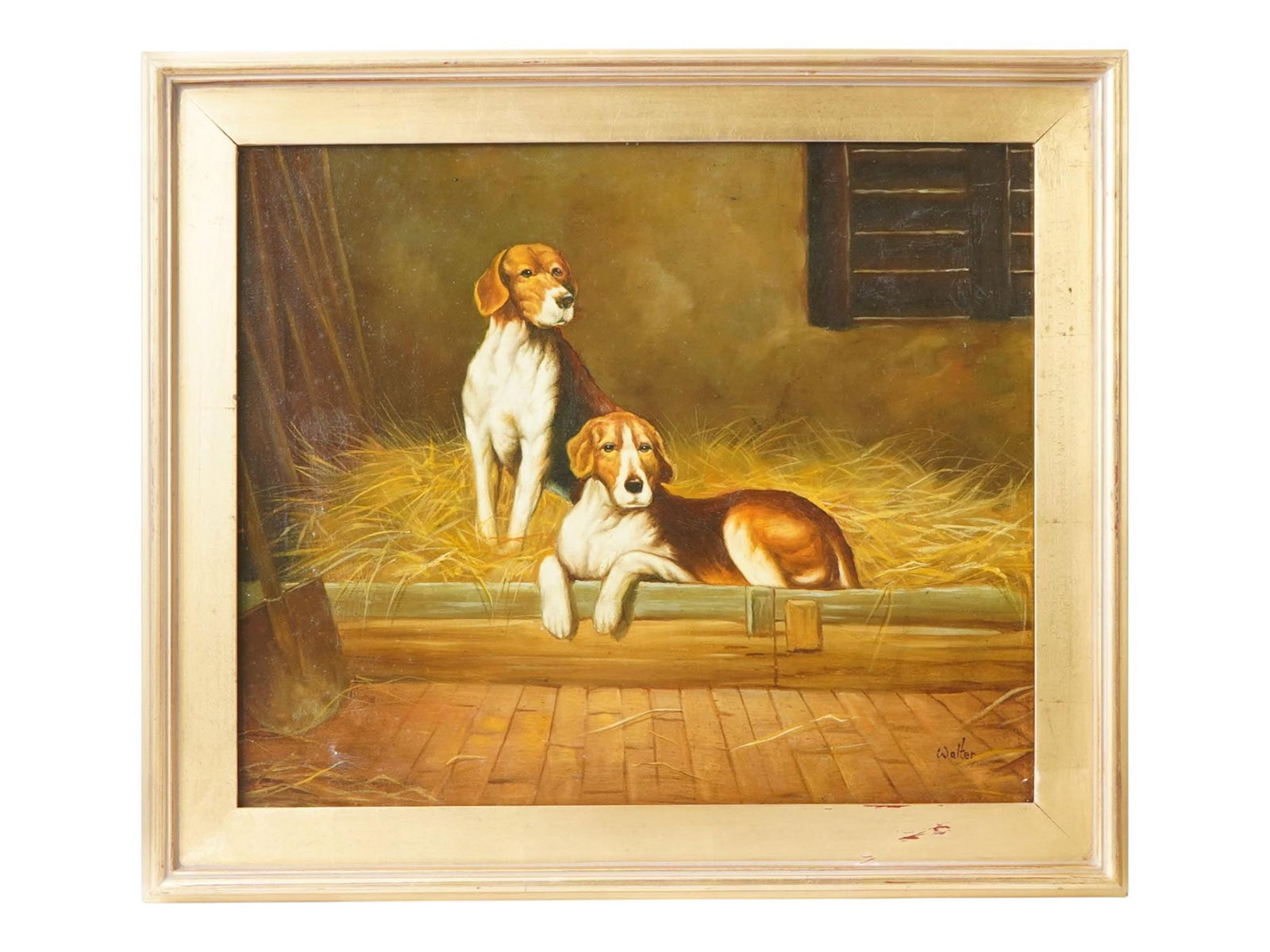 OIL PAINTING WITH TWO HOUNDS SIGNED WALTER (1 of 4)