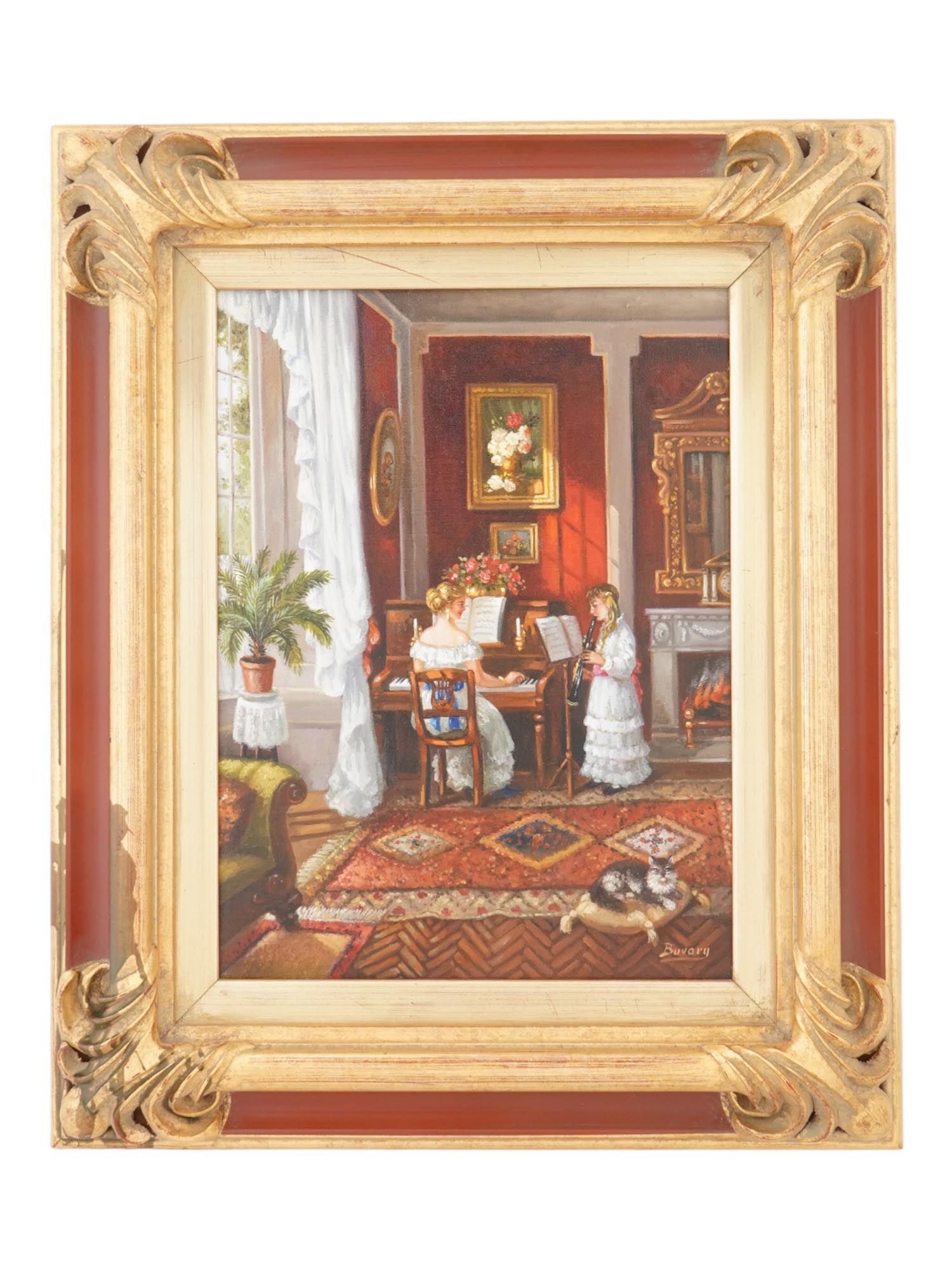 ATTR TO IMRE BUVARY HUNGARIAN PAINTING DOMESTIC SCENE: Attributed to Imre Buvary, Hungarian, 20th century, an oil painting on canvas, depicting a domestic scene, signed Buvary lower right and framed. Imre Buvary is a Hungarian artist known for his figure,