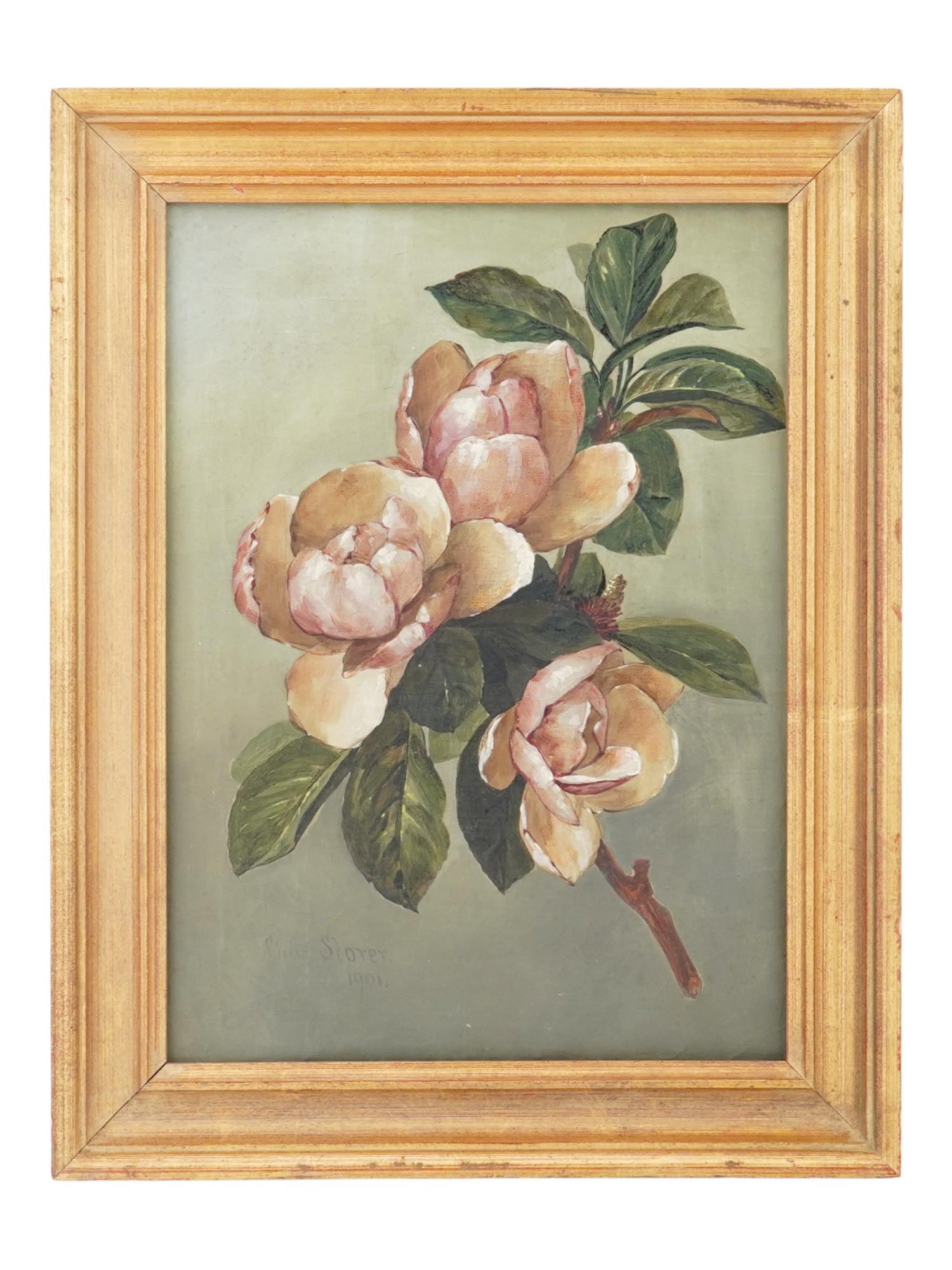 CHARLES STORER AMERICAN STILL LIFE OIL PAINTING: Charles Storer, American, 1817 to 1907, oil on canvas painting. The artwork depicts white peony flowers. Signed and dated 1901 in the lower left. Framed. Charles Storer was a Member of Boston Art Club