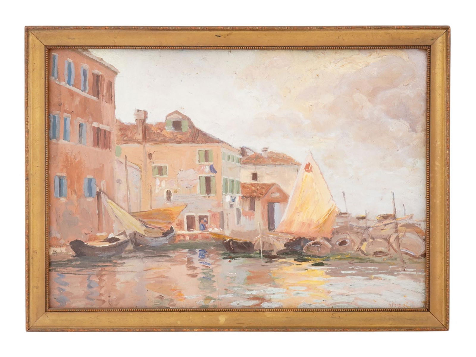 GINO PERERA ITALIAN AMERICAN SEASCAPE OIL PAINTING: Gino Lorenzo Perera, Italian-American, 1876 to 1961, oil on canvas painting. The artwork depicts moored boats. Impressionist pictorial manner, pastel color palette. Signed in the lower right. Undated.