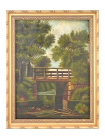 ANTIQUE OIL ON CANVAS LANDSCAPE PAINTING W BRIDGE