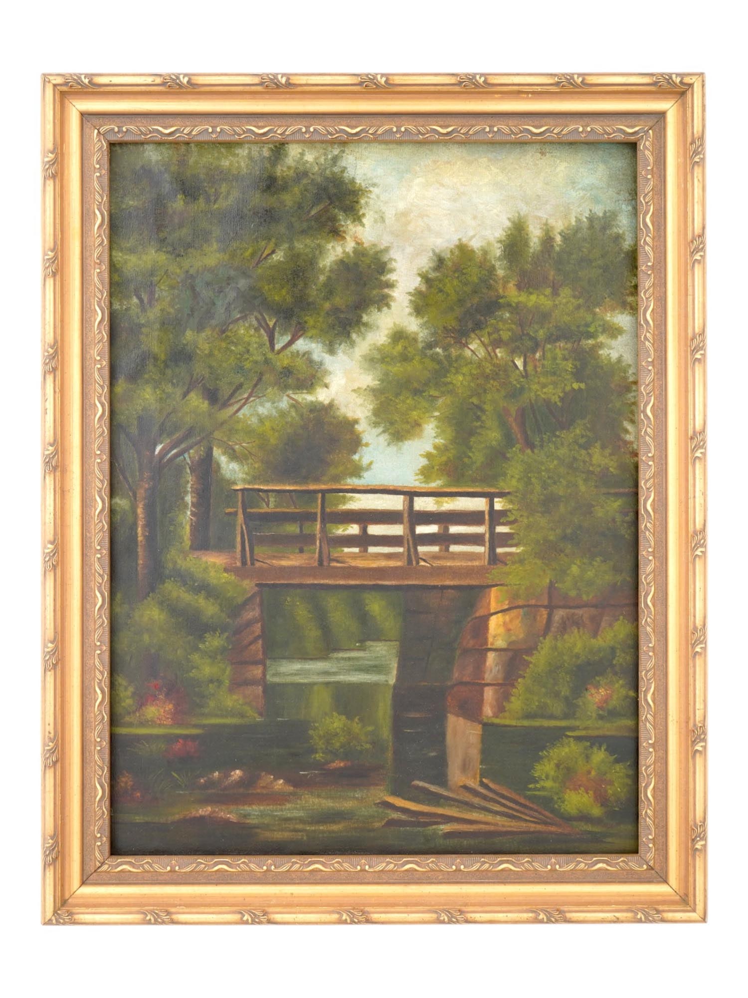 ANTIQUE OIL ON CANVAS LANDSCAPE PAINTING W BRIDGE (1 of 4)