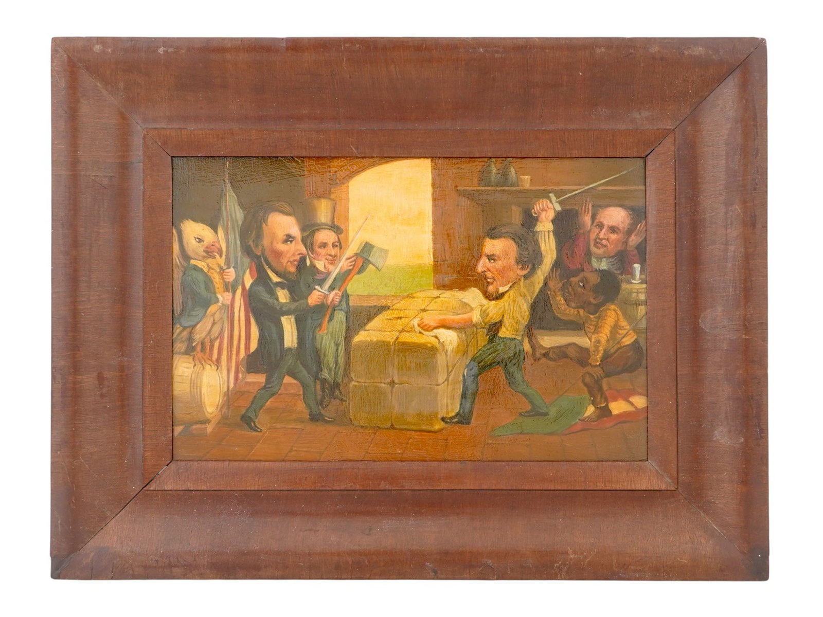 AMERICAN OIL PAINTING LINCOLN ILLUSTRATION: An oil painting on a wooden board depicting a political cartoon illustration. Bears a paper label on the back side, inscribed: Political cartoon illustration Trial by Battle... Is Cotton King? Civil W