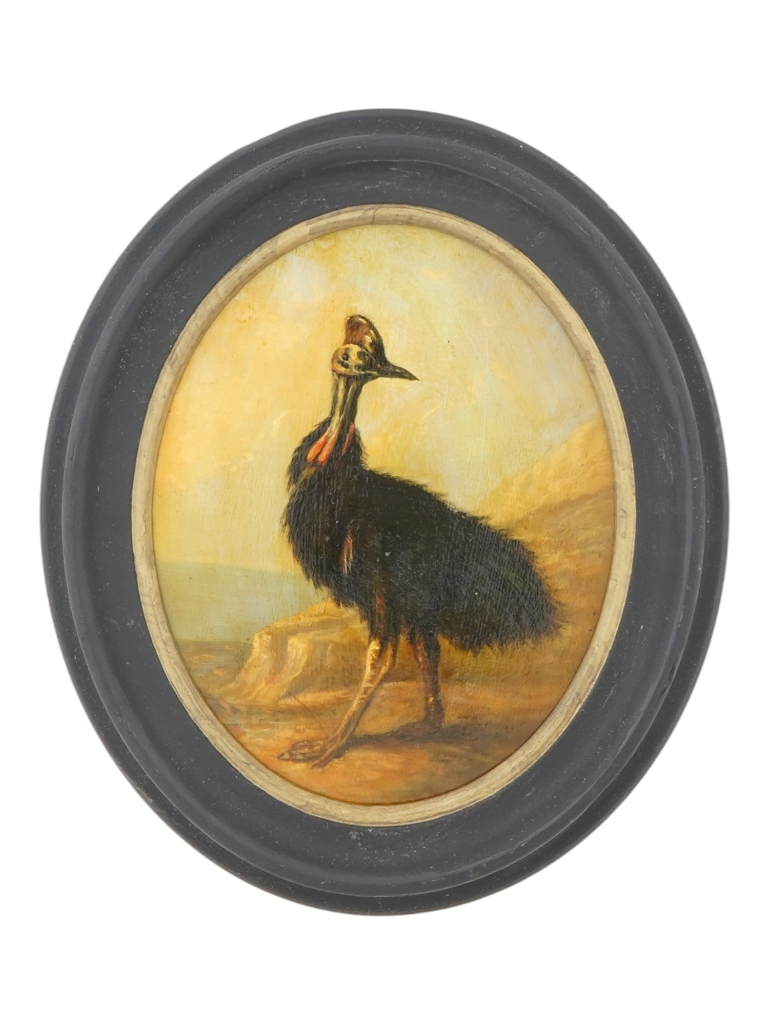OIL PAINTING CASSOWARY BIRD AFTER JEAN BAPTISTE OUDRY: After Jean Baptiste Oudry, 1686 to 1755, French, oil painting on a wood board. After the artwork titled Cassowary. The painting is oval, depicting a Cassowary bird. Framed. Jean Baptiste Oudry 1686 to