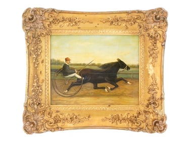 ANTIQUE 19TH C OIL PAINTING HARNESS RACING FRAMED