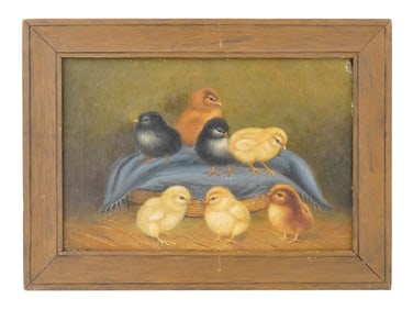 ATTR TO BEN AUSTRIAN AMERICAN CHICKS OIL PAINTING
