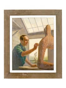 HENRY MOORE SCULPTOR STUDIO PORTRAIT OIL PAINTING