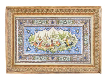 MUGHAL PERSIAN MINIATURE PAINTING W MARQUETRY FRAME