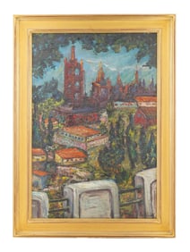 RUSSIAN OIL PAINTING OF CITYSCAPE BY DAVID BURLIUK