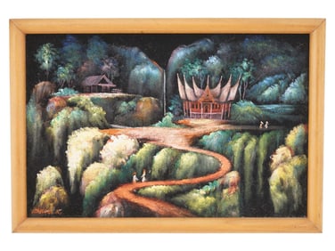 INDONESIAN LANDSCAPE PAINTING ON VELVET SIGNED
