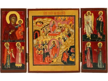 ANTIQUE RUSSIAN TRIPTYCH ICON OF RESURRECTION C 1840