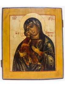 ANTIQUE 19TH C RUSSIAN ICON VLADIMIR MOTHER OF GOD