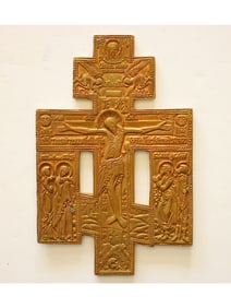 ANTIQUE 19TH C RUSSIAN ORTHODOX GILT BRONZE ICON CROSS