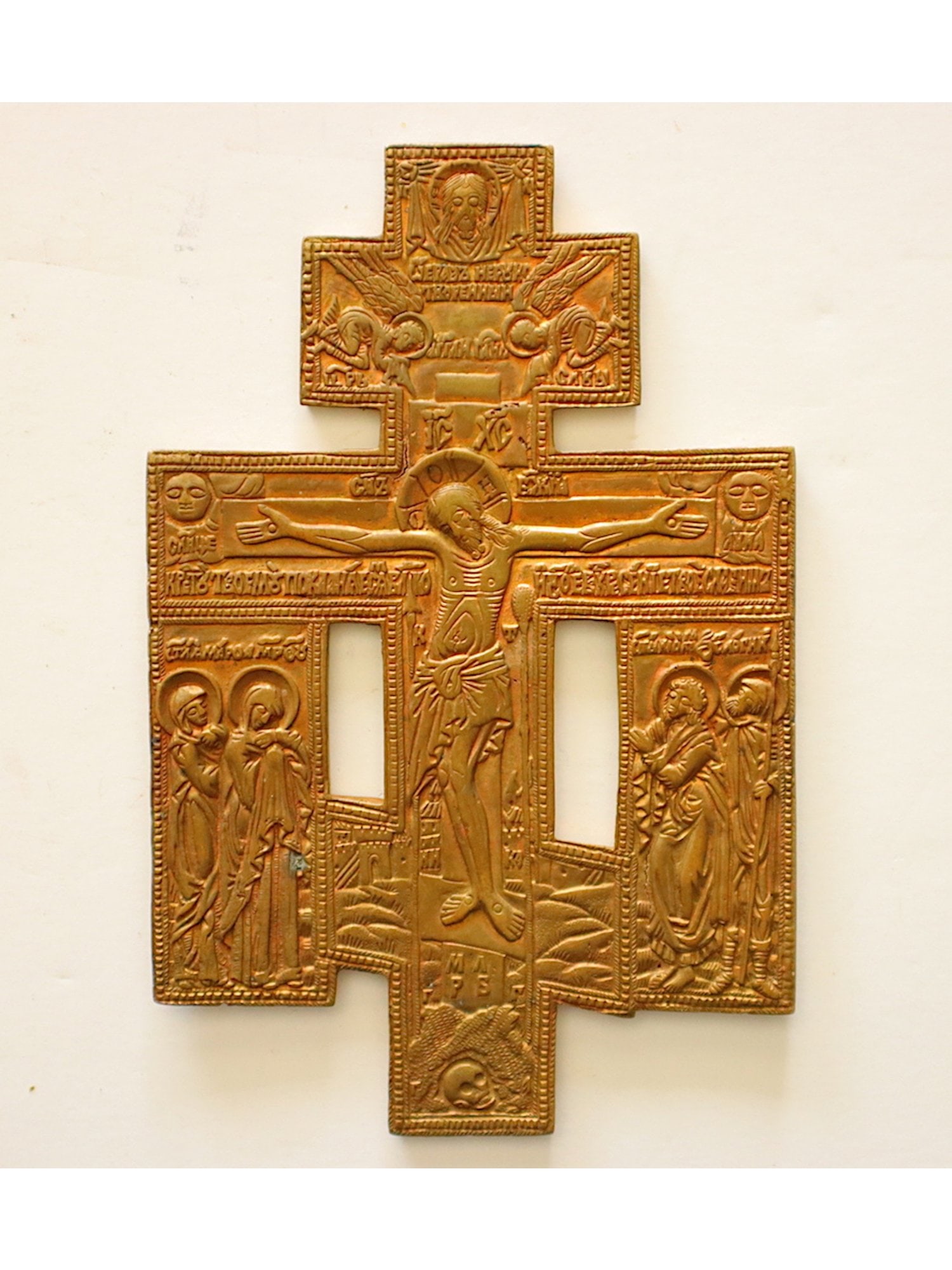 ANTIQUE 19TH C RUSSIAN ORTHODOX GILT BRONZE ICON CROSS (1 of 3)