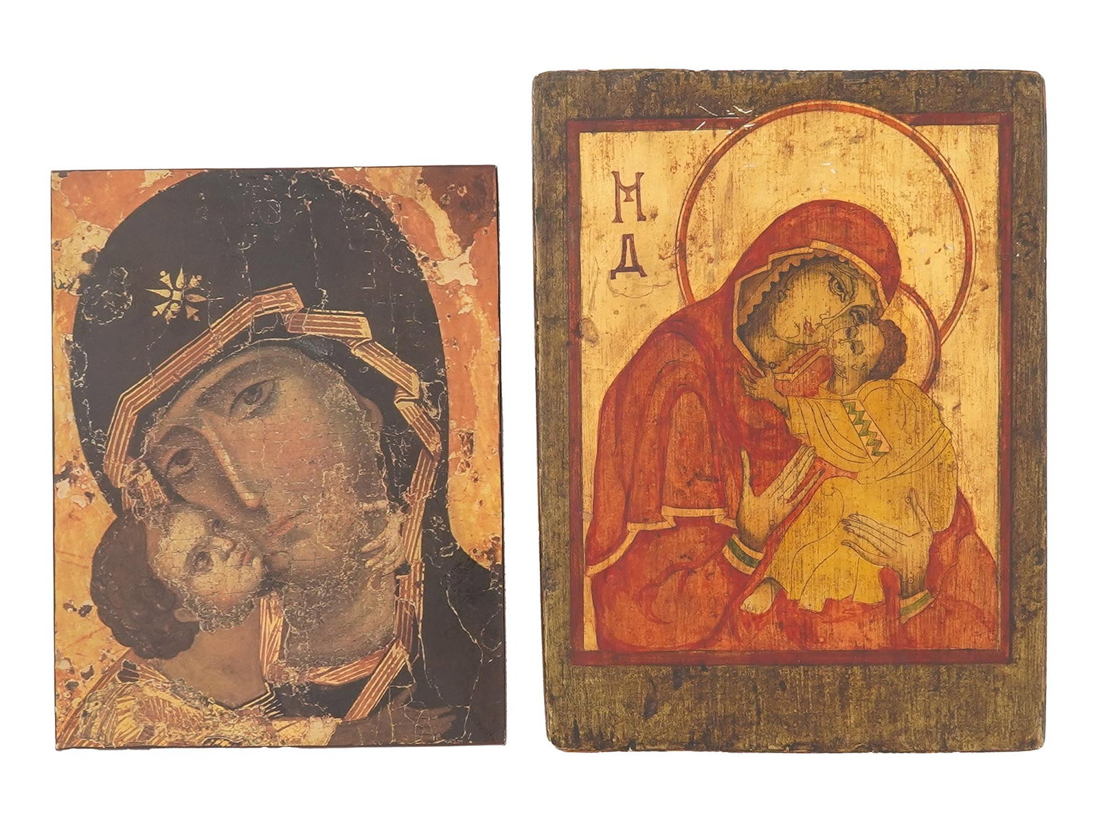 RUSSIAN THEOTOKOS VLADIMIRSKAYA MOTHER OF GOD ICONS: A lot of two Russian icons of Theotokos, Mother Of God Vladimirskaya, the earliest known surviving and one of the most revered miraculous icons of the Russian Orthodox Church. The first icon is an off