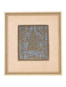 ANTIQUE RUSSIAN BRONZE ENAMEL ICON ST. NICHOLAS OF MYRA