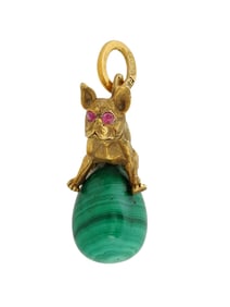 RUSSIAN SILVER CARVED MALACHITE DOG EASTER EGG PENDANT
