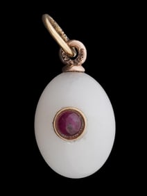 RUSSIAN WHITE JADE CARVED RUBY STONE EGG PENDANT