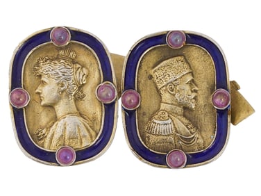 RUSSIAN NICHOLAS II SILVER ENAMEL CUFFLINKS W GEMSTONES