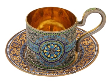 RUSSIAN GILT SILVER CLOISONNE ENAMEL TEA PAIR