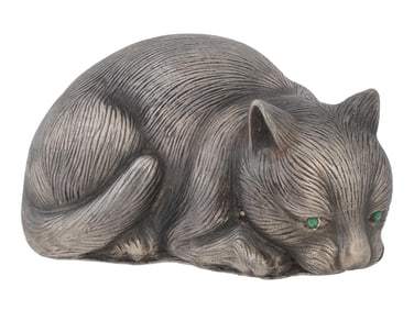 RUSSIAN SILVER CAT FIGURE WITH EMERALD EYES