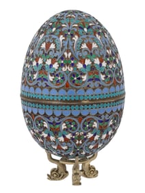 LARGE RUSSIAN SILVER ENAMEL EASTER EGG WITH STAND