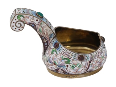 LARGE RUSSIAN SILVER ENAMEL KOVSH W GEMSTONES