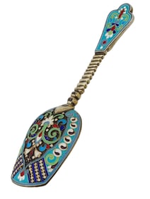 RUSSIAN 84 SILVER CLOISONNE ENAMEL SUGAR SPOON