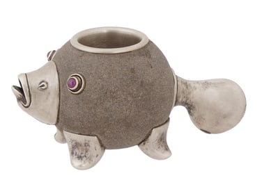 RUSSIAN SILVER SANDSTONE FISH MATCH HOLDER AND STRIKER