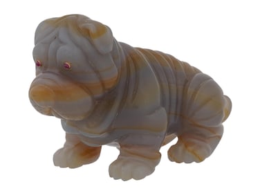 RUSSIAN HAND CARVED AGATE GOLD RUBY BULL DOG FIGURINE