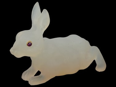 RUSSIAN CARVED AGATE W RUBY GOLD EYES RABBIT FIGURE
