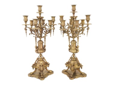 PAIR OF ANTIQUE BRONZE SEVEN LIGHT CANDELABRA