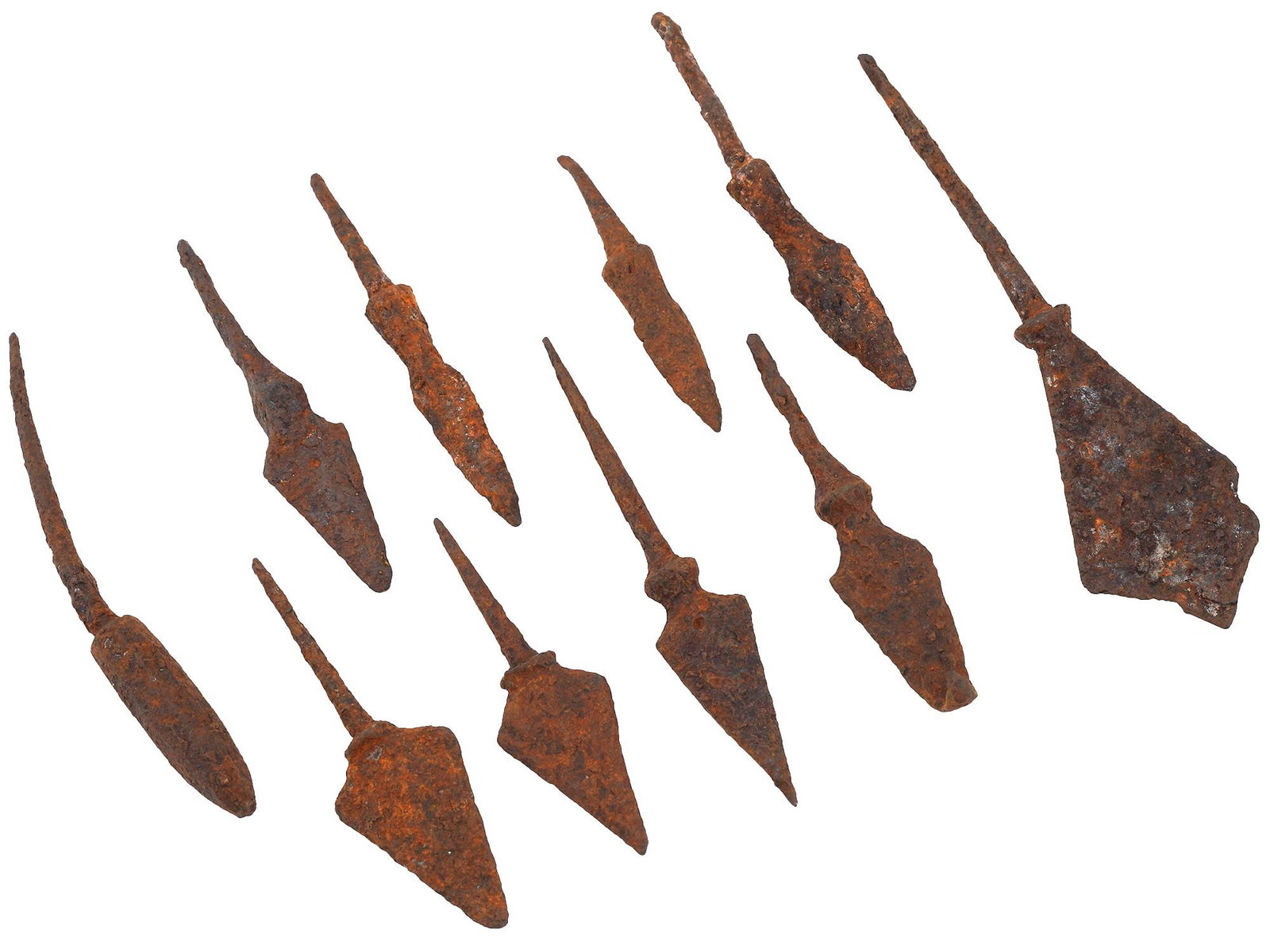 GROUP OF ANCIENT MEDITERRANEAN IRON AGE ARROWHEADS: A lot of Ancient Mediterranean metal arrowheads. Iron Age and later, first Millenium BC. A total of 10 items of various size and shape. Archaeological Finds And Historical Relics, Metalwork, Weaponry 