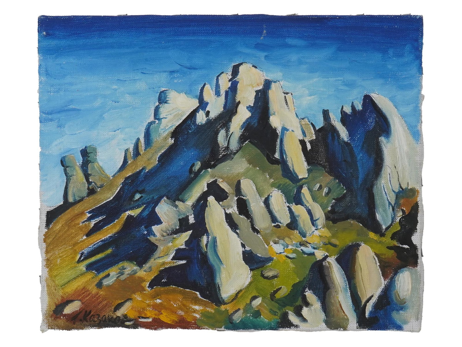 RUSSIAN OIL ON CANVAS LANDSCAPE PAINTING BY T KAZAKOV: A Russian oil on canvas landscape painting by T. Kazakov. Provenance: Estate of Eric Jansson, Roswell, Georgia. The painting depicts a rocky mountain landscape. Signed by the artist Kazakov lower left