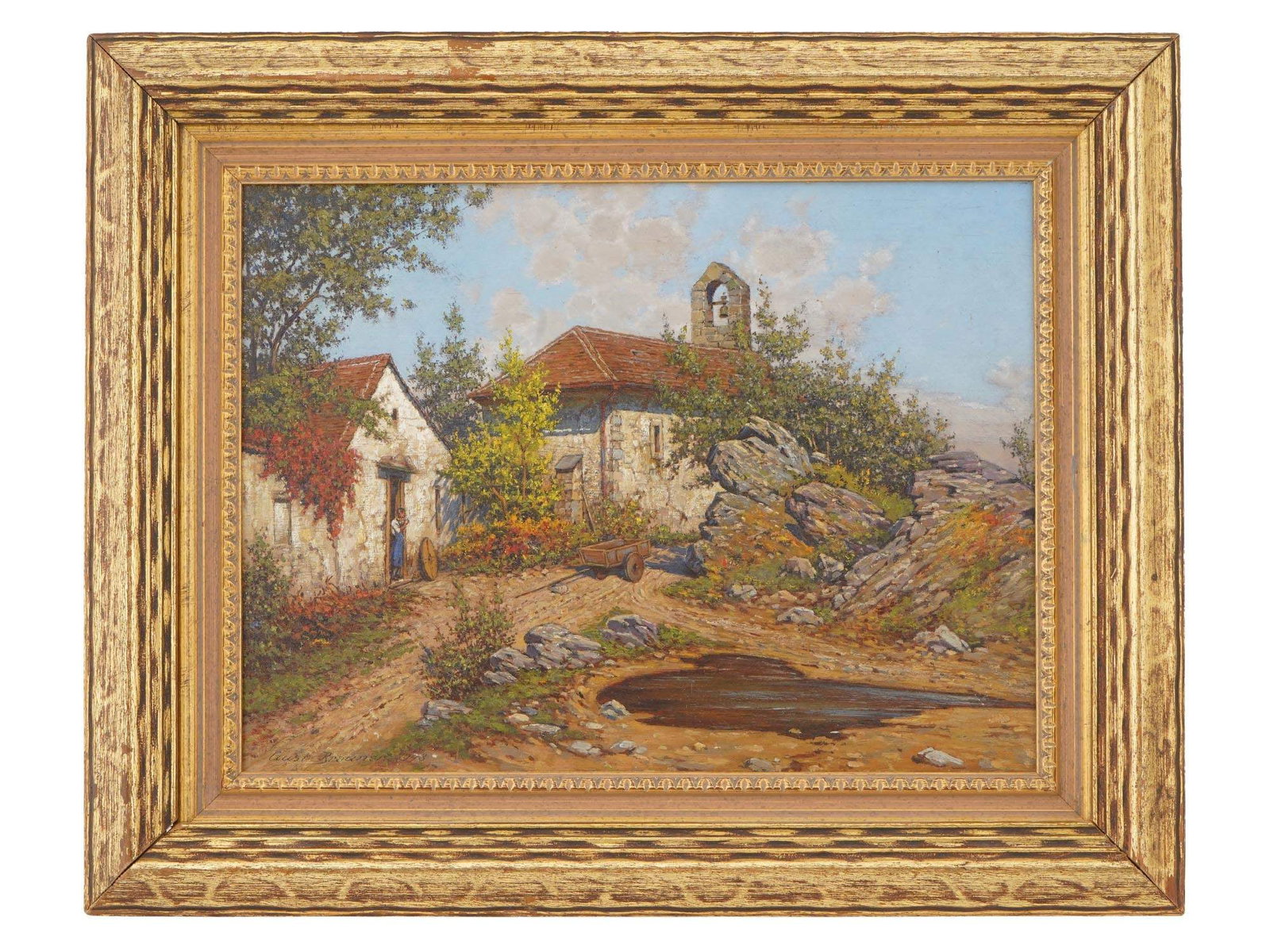 GUSTAV BRAUNER GERMAN LANDSCAPE OIL PAINTING 1948: Gustav Brauner, German, 1880 to 1966, an oil painting on board depicting a wood wagon on a country road. Signed lower left, dated 1948. Framed. Bears a paper label on the back side from Crescent City 