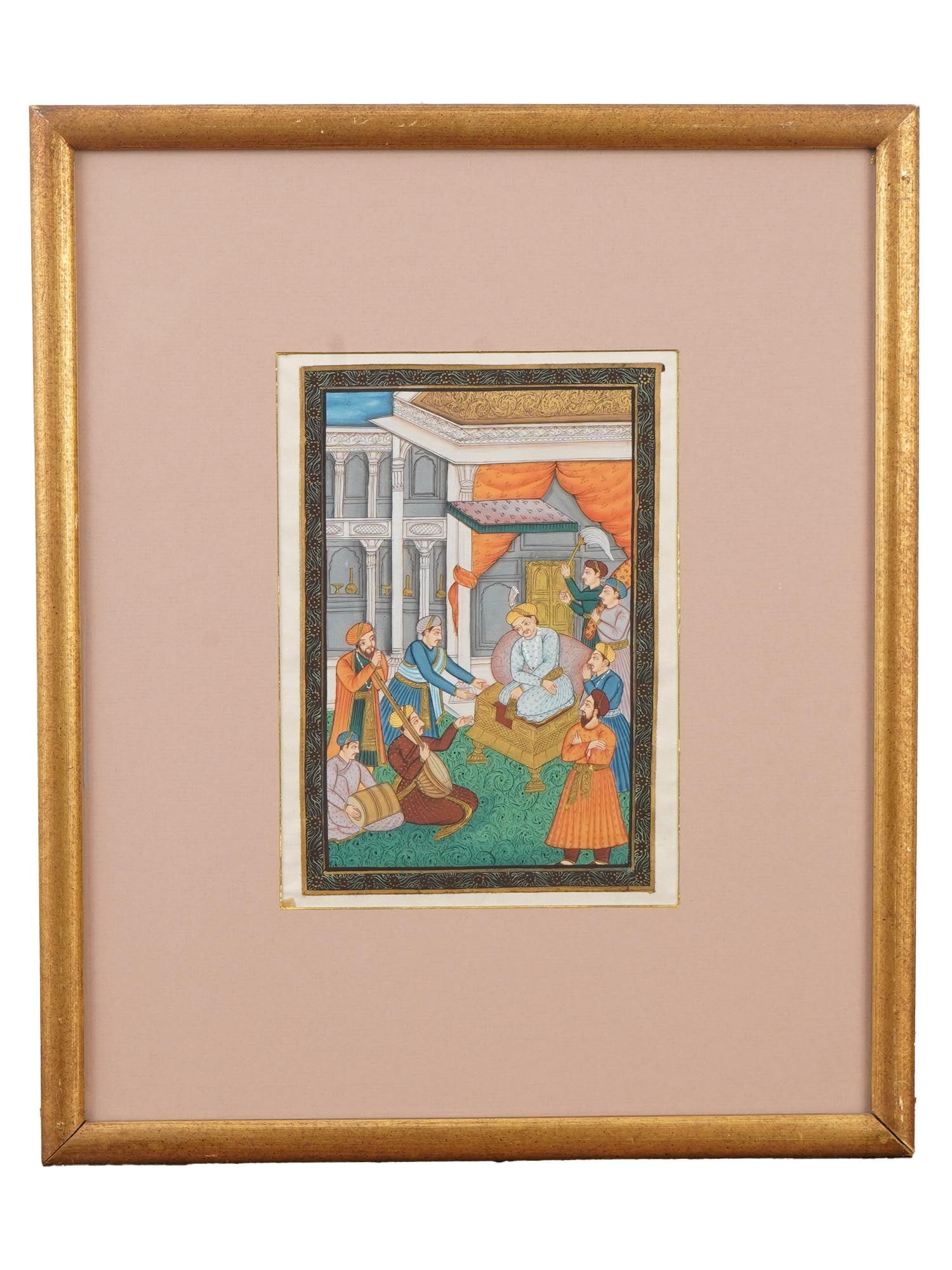 INDIAN MUGHAL MINIATURE PAINTING COURT SCENE: An antique Indian miniature painting on silk. Late Mughal Empire period, 19th century, Rajasthani school. The piece depicts a court scene with musicians. Matted and framed. Provenance: Estate of Eric