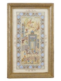 ANTIQUE PERSIAN QAJAR PAINTING ON PANEL W INLAID FRAME