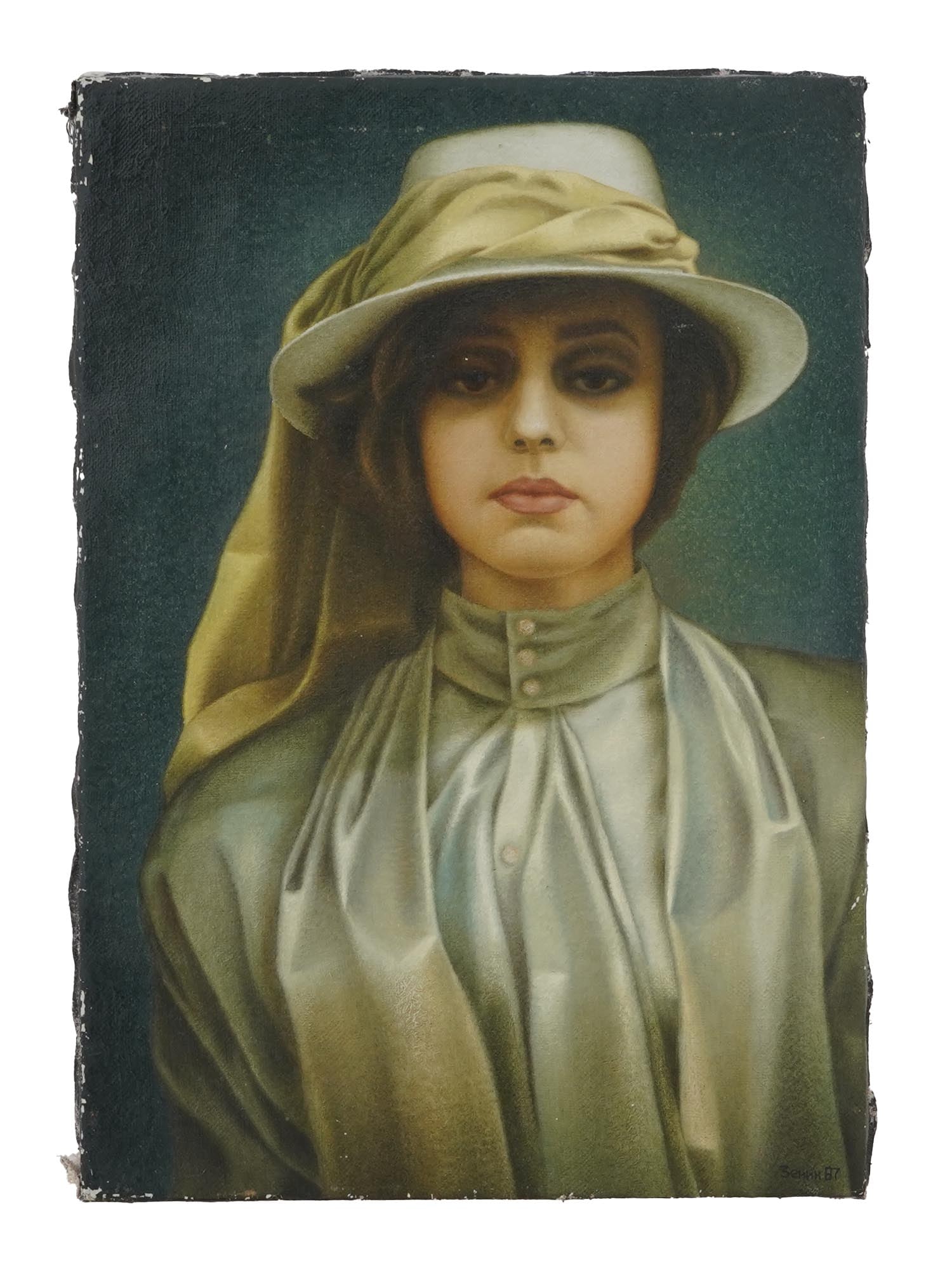 RUSSIAN OIL PORTRAIT PAINTING BY EUGENE ZENIN: A Russian Soviet oil on canvas portrait painting by Eugene Mikhailovich Zenin, 1987. Provenance: Estate of Eric Jansson, Roswell, Georgia. The elegant portrait depicts the wife of the artist, Marina,