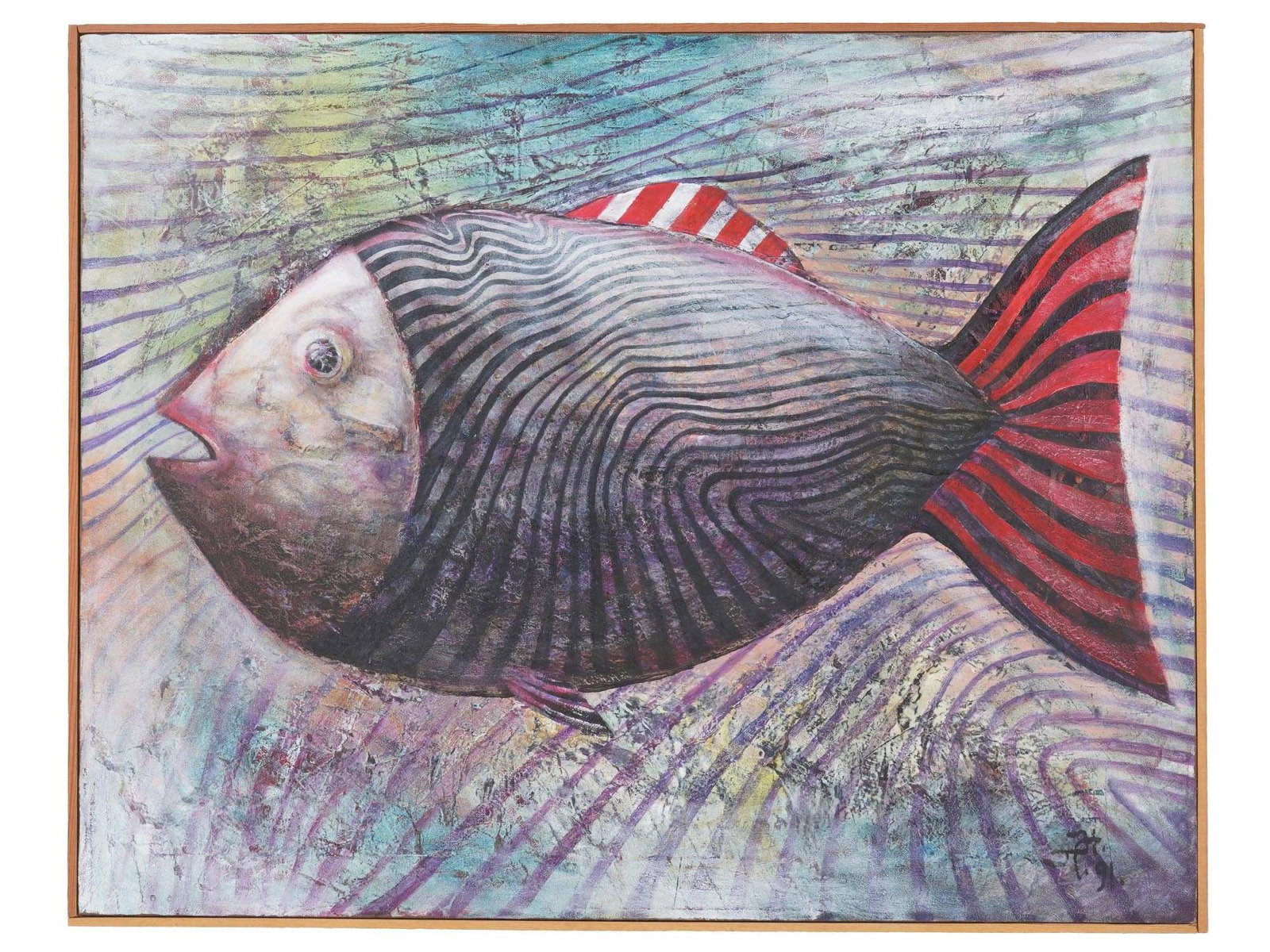 PAVEL NIKOLAYEV RUSSIAN OIL PAINTING FISH 1991: Pavel Nikolayev, Russian, born 1958, an oil painting on canvas depicting a fish, signed lower right and dated 1991, additionally inscribed on verso. Pavel Nikolayev, a Moscow-born artist, is known for