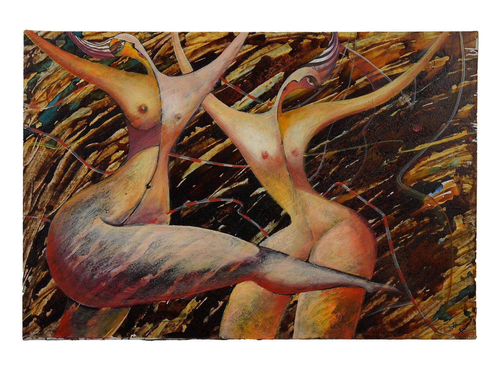 PAVEL NIKOLAEV RUSSIAN NUDE DANCE OIL PAINTING: Pavel Nikolaev, Russian, born 1958, an oil painting on canvas depicting stylized nude figures. Signed with initials lower right, dated 1992. Titled Dance and signed Pavel Nikolaev on the back side. Pr