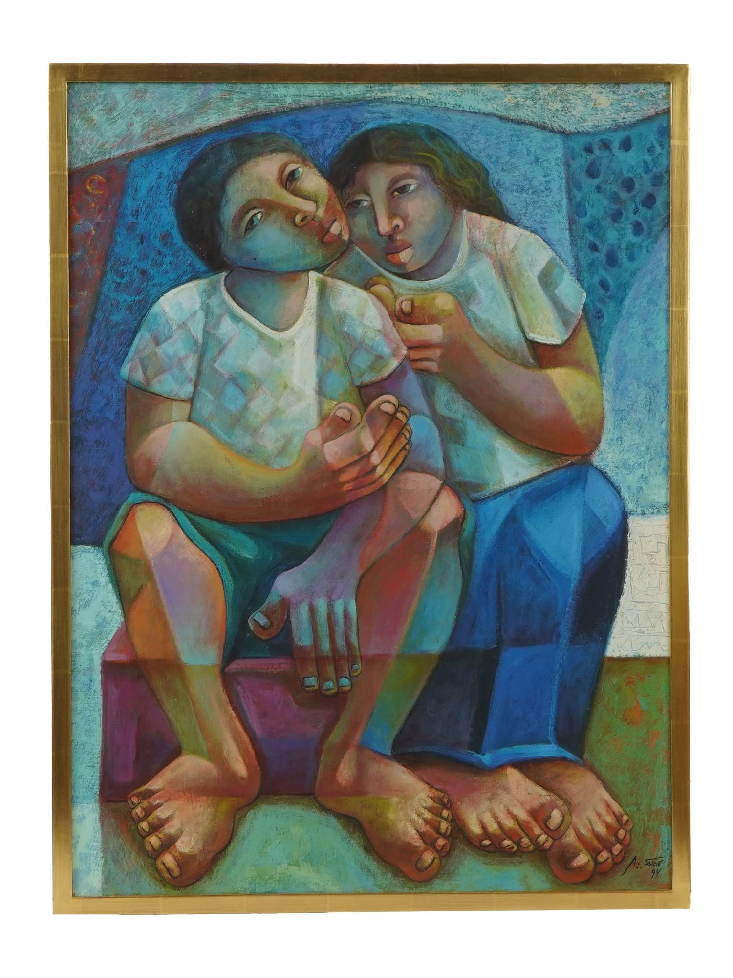 ADELIO SARRO BRAZILIAN PORTRAIT OIL PAINTING: Adelio Sarro, Brazilian, born 1950, an oil on canvas painting depicting young lovers. Signed lower right, dated 1994. Framed. Bears an A.I. Friedman label on the back side. Sarro expresses the univers
