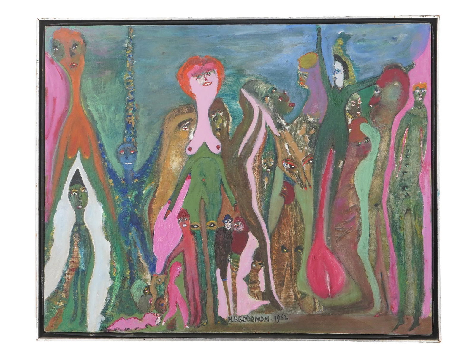AMERICAN OIL PAINTING BY HERMAN AND ESTELLE GOODMAN: An oil on canvas painting by Herman and Estelle Goodman, 1930 to 2007, an American married couple of modernist expressionist artists who worked in New York City. The painting depicts a complex express